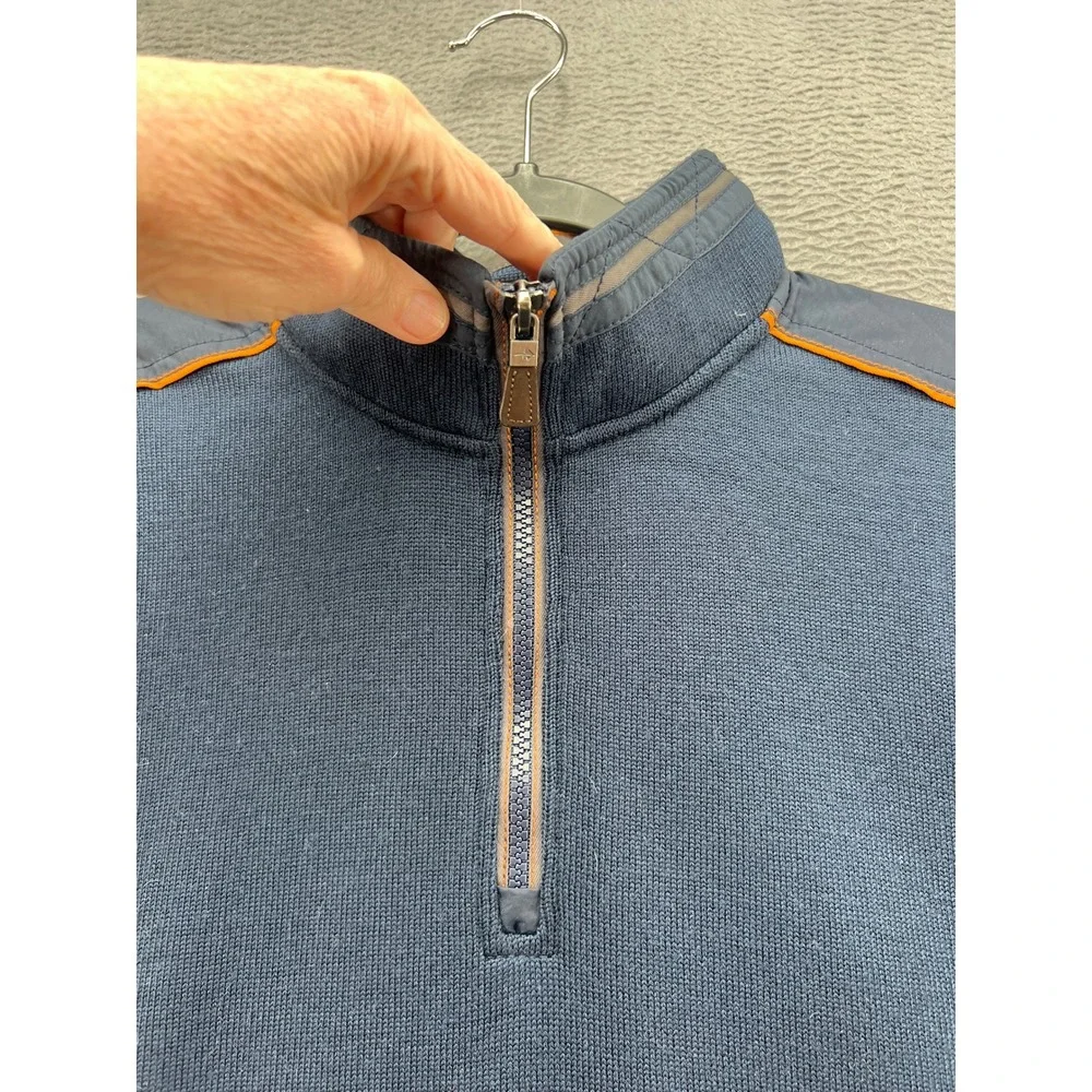 Orvis Sweater Mens XL Navy Blue Quarter Zip Pullover Orange Trim Ribbed Elbows